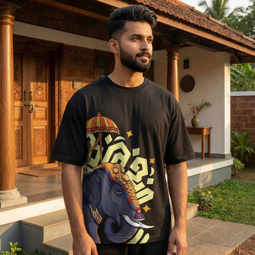 Mallu Threads Royal Elephant Kerala Art Black T-Shirt | Premium Cotton Graphic Tee